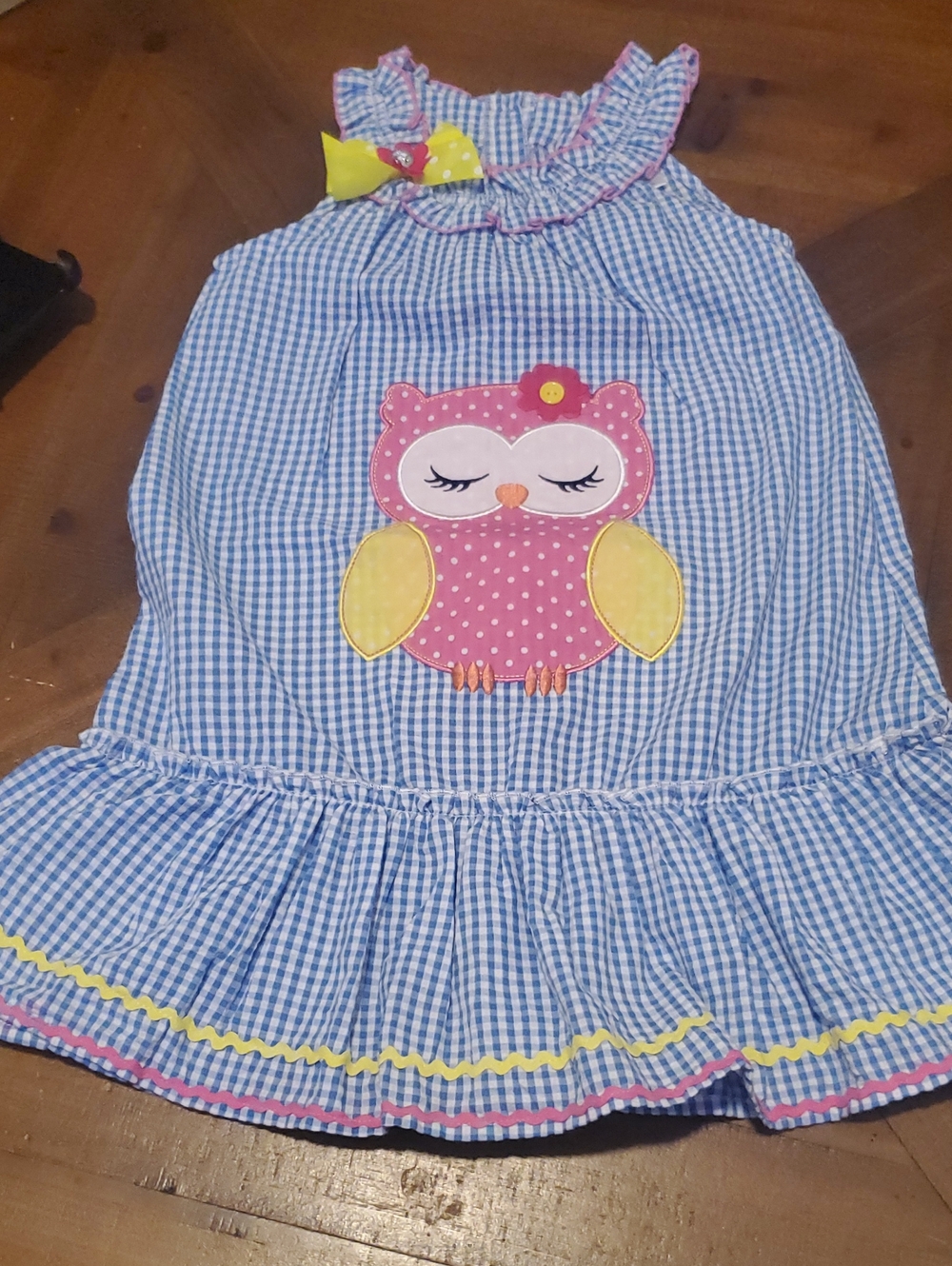 Nannette Blue Gingham Dress with Pink Owl and Yellow Accents Bow